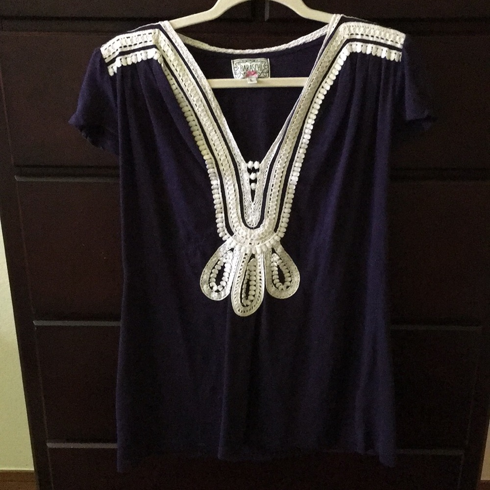Anthropologie cap sleeve purple shirt w/ lace trim